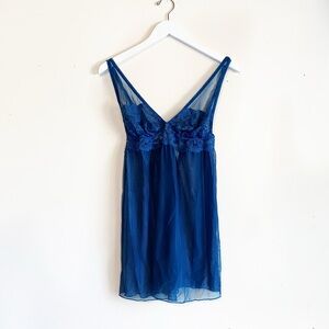 Fleur't Peacock Blue Lace & Mesh Sheer Plunge Babydoll Chemise Slip